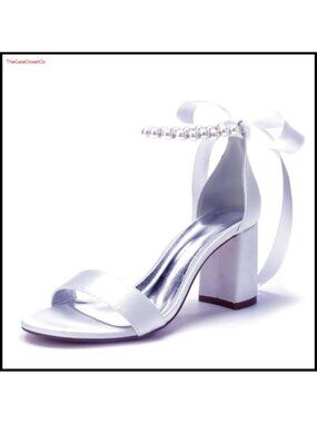 Block Heel Satin Pearl Ankle Strap Sandals 2.5 Inch Chunky Heels